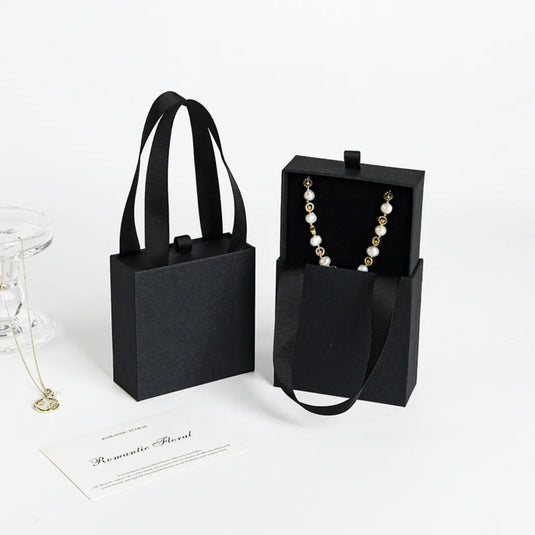 Black Drawer Gift Box with Handle – 9x9x3.5cm Black Sliding Jewelry Packaging Boxes with Handle
