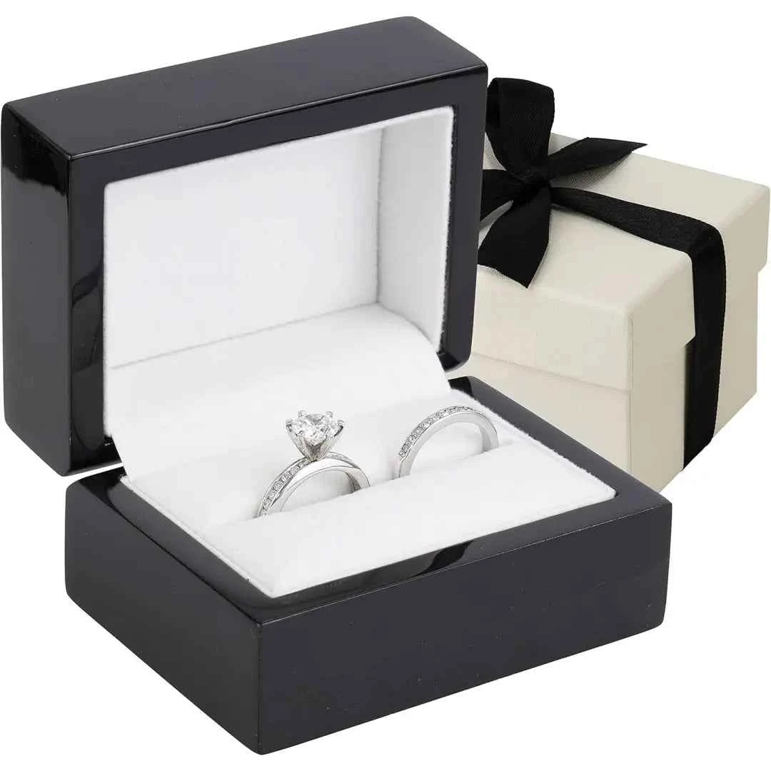 Engraved Wood Double Ring Box | Black Wooden Jewelry Packaging